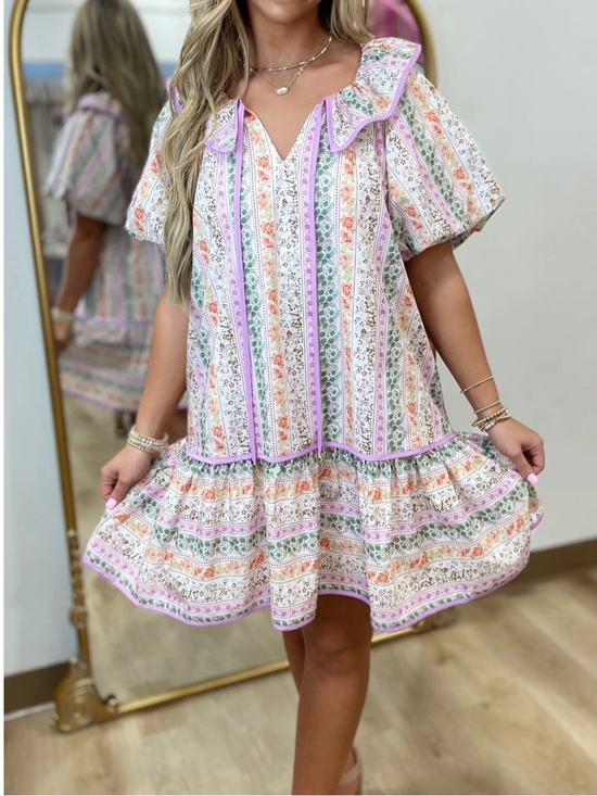 entro Dresses & Skirts - New Boho Floral Striped Ruffle Tiered Puff Sleeve Dress with Ruffle Bib Collar
